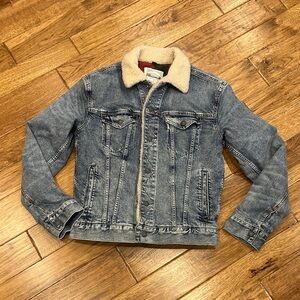 American Eagle Outfitters Denim Jacket with Sherpa & Red and Black Plaid Lining